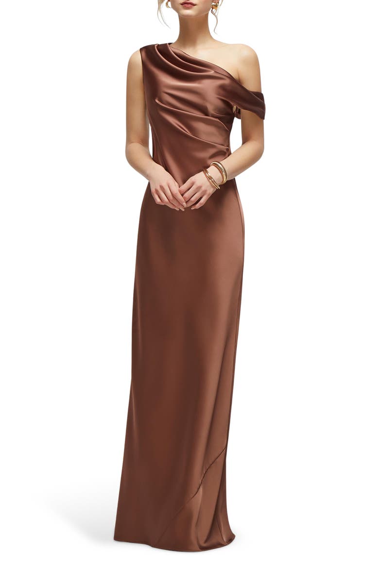 Draped One-Shoulder Satin Charmeuse Gown, Main, color, COGNAC