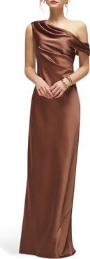 After Six Draped One-Shoulder Satin Charmeuse Gown