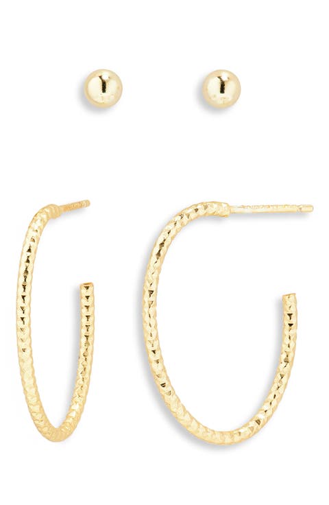 Set of 2 Ball Stud & Textured Hoop Earrings