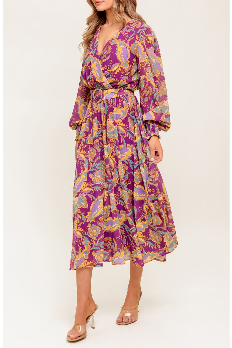 Print Long Sleeve Midi Dress, Alternate, color, PURPLE