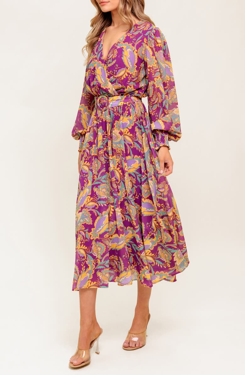 FLYING TOMATO Print Long Sleeve Midi Dress, Alternate, color, Purple