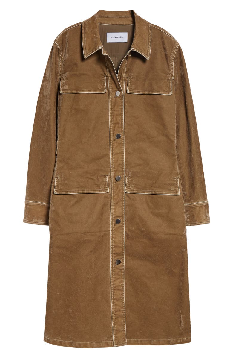 FERRAGAMO Distressed Long Sleeve Stretch Velveteen Trench Shirtdress, Main, color, Safari