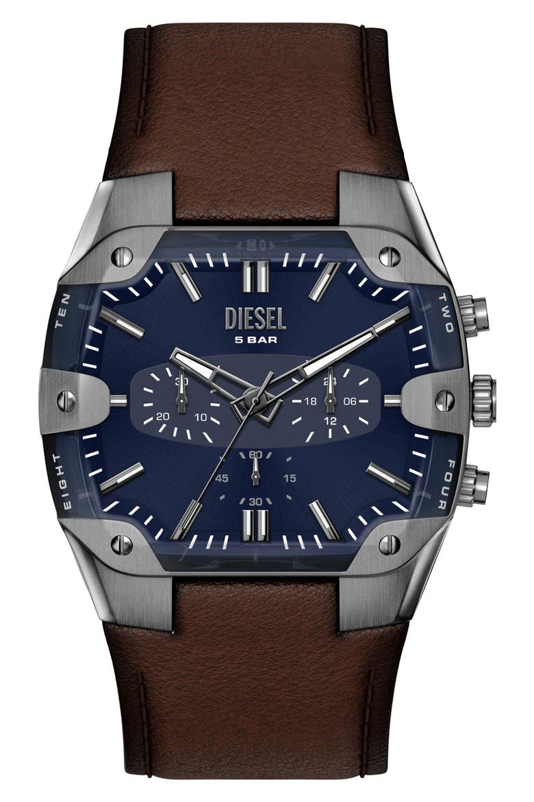 Spiked Cushion Chronograph Leather Strap Watch, 44mm, Main, color, BROWN/ GUNMETAL