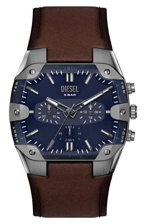 Spiked Cushion Chronograph Leather Strap Watch, 44mm