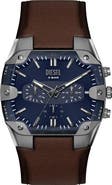 DIESEL® Spiked Cushion Chronograph Leather Strap Watch, 44mm