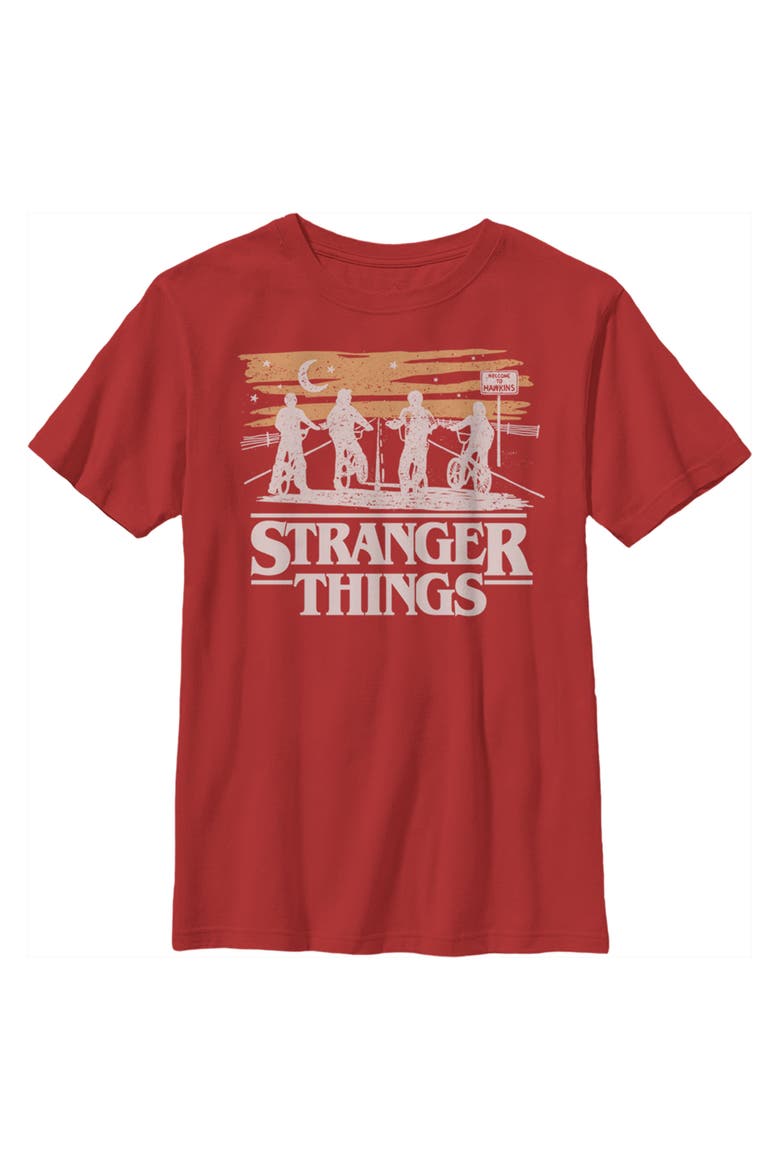 Boy's Stranger Things Moonlight Bike Ride Silhouettes  Graphic T-Shirt, Main, color, Red