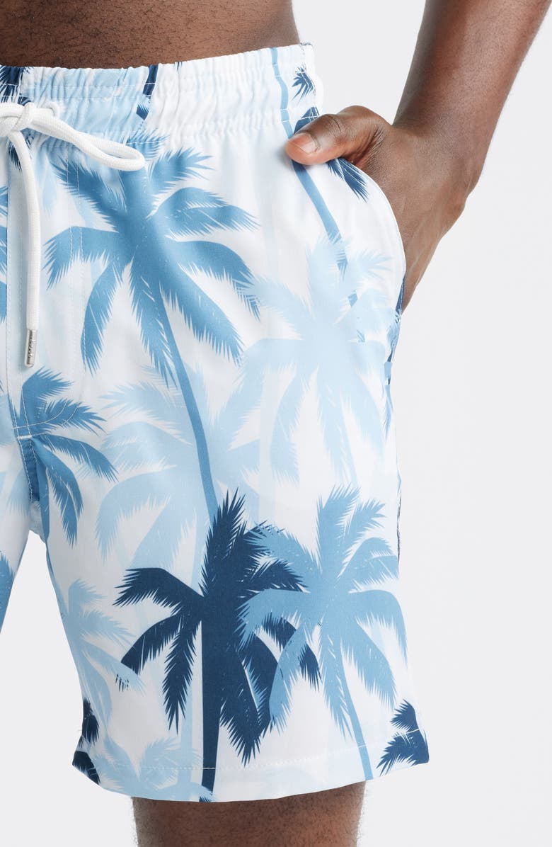 Stone Rose Palm Print Swim Trunks, Alternate, color, 