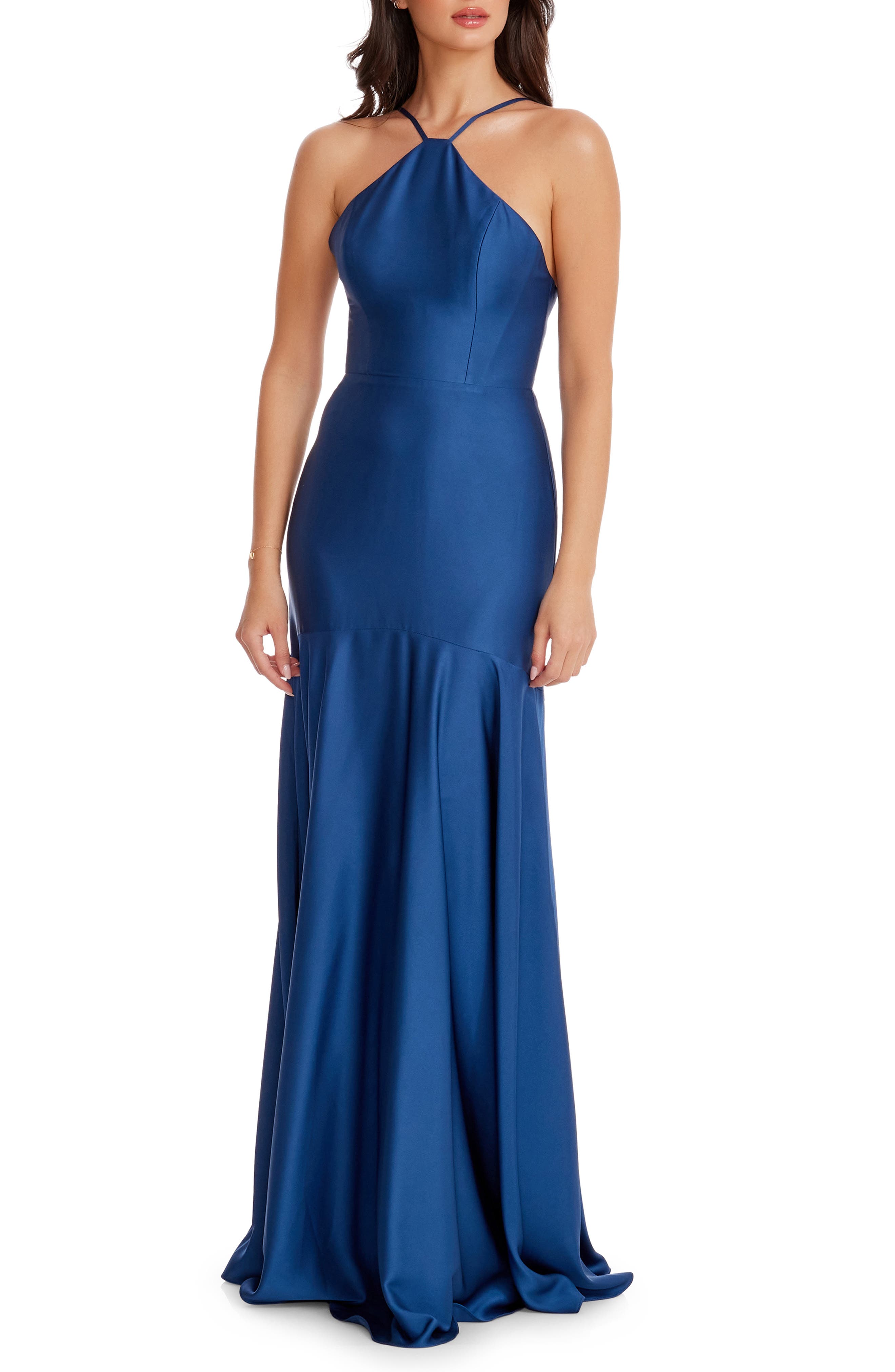 Dress the Population Justine Halter Satin Trumpet Gown