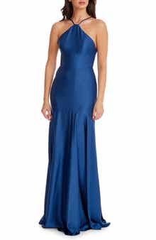Dress the Population Justine Halter Satin Trumpet Gown