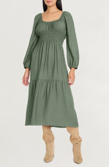 The Good Journey Long Sleeve Smocked Midi Dress In Green