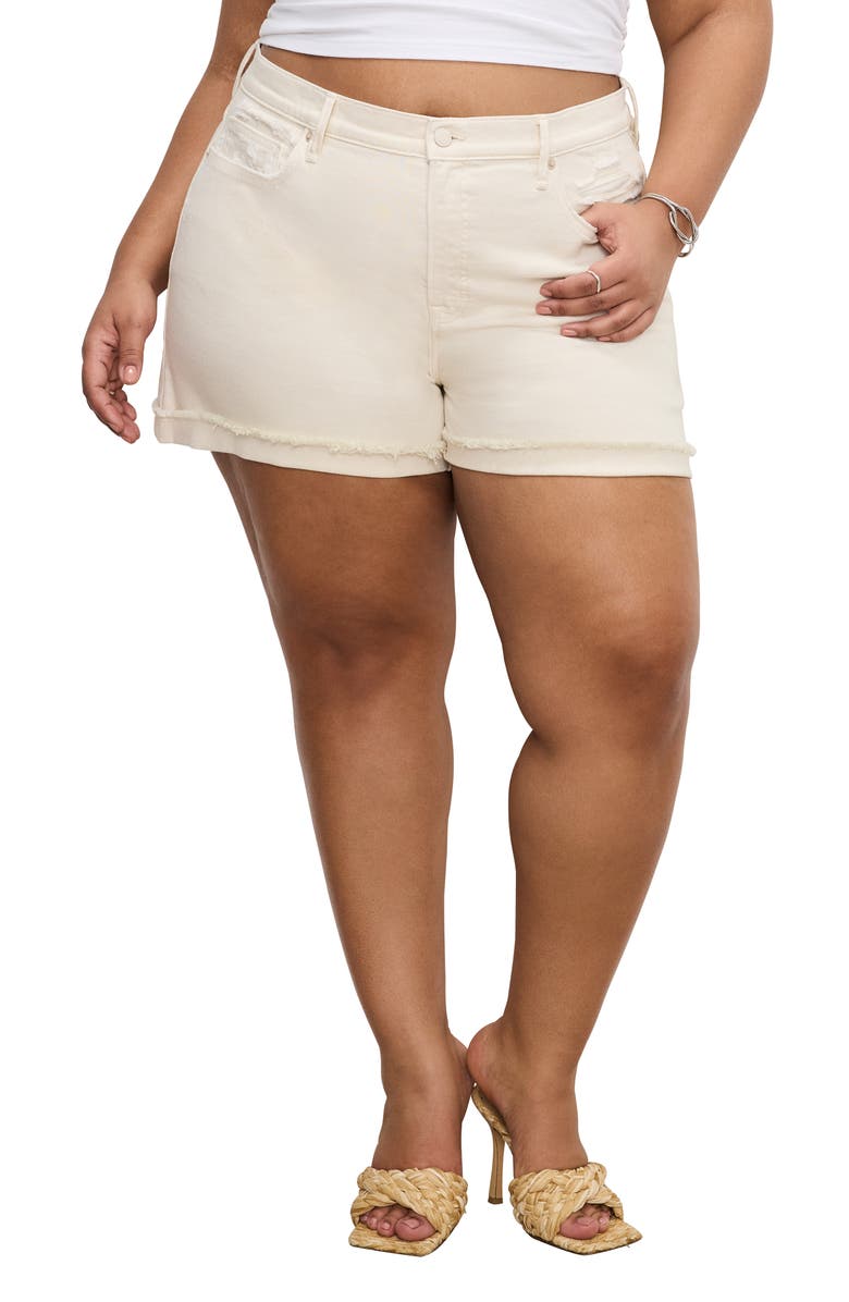 Good American Good '90s Frayed Cuffed Denim Shorts, Alternate, color, Ecru