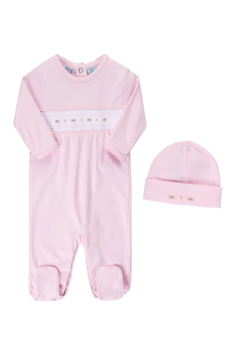 Smocked Flower Footie & Hat Set, Main, color, PINK