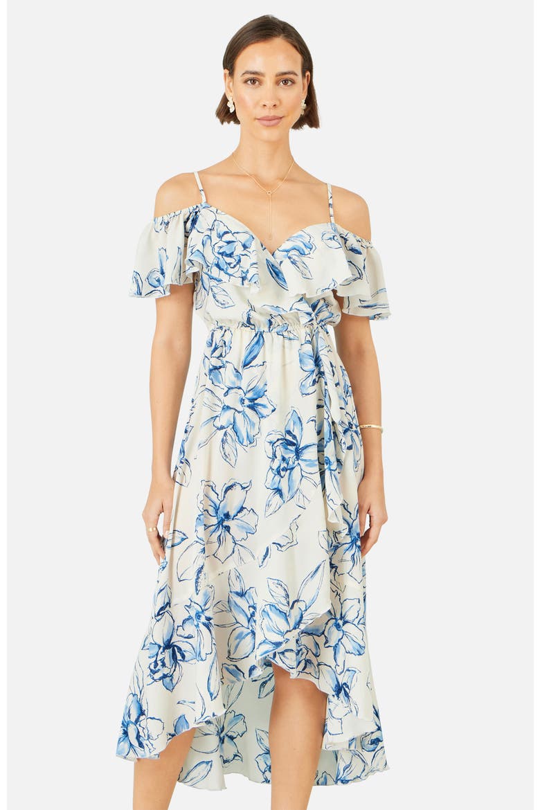 Floral Print Bardot Midi Dress, Alternate, color, White