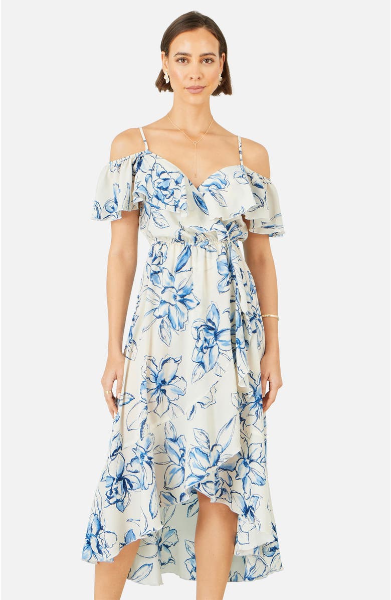 Yumi Floral Print Bardot Midi Dress, Alternate, color, White