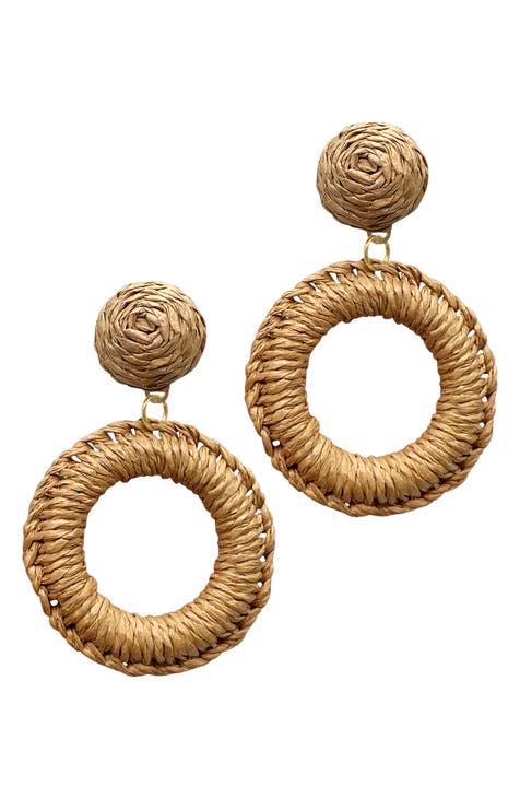 Raffia Basketweave Hoop Drop Earrings