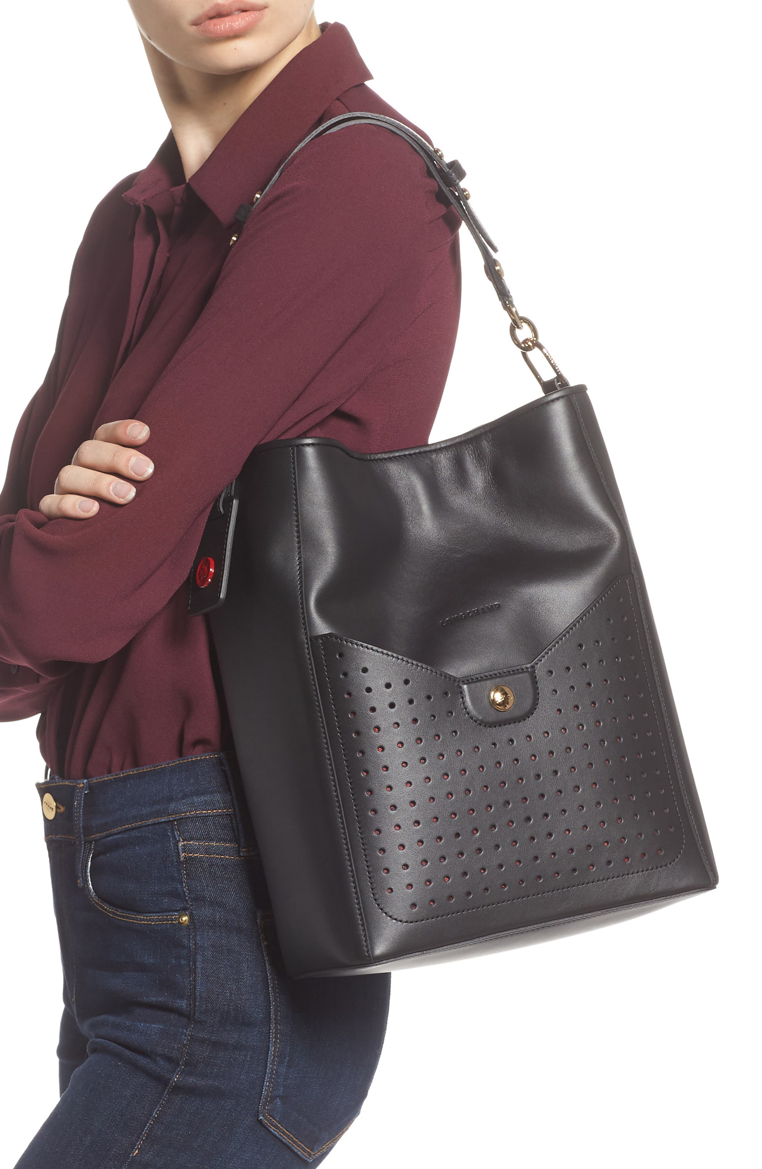 Longchamp Mademoiselle Perforated Calfskin Leather Bucket Bag, Alternate, color, Black