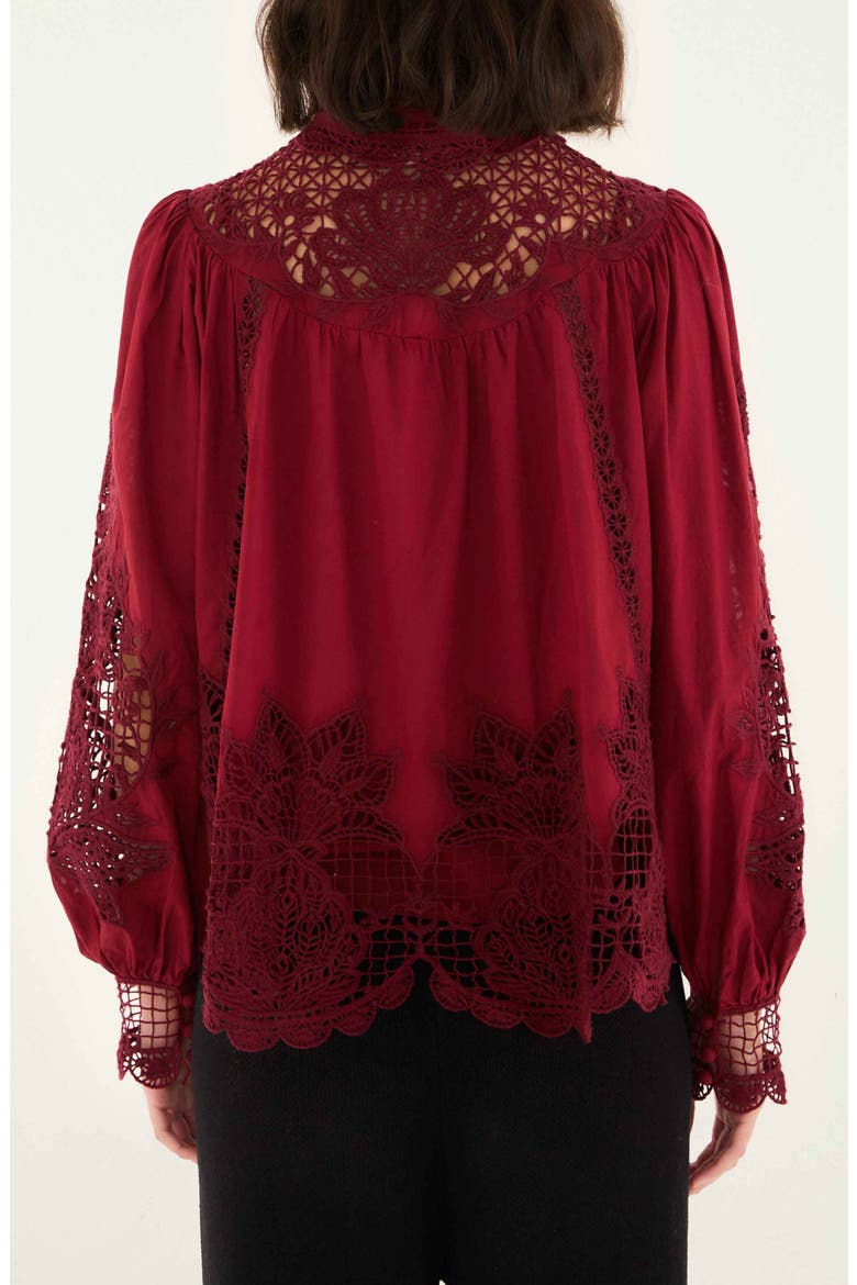 Guipure Lace Cotton Button-Up Shirt, Alternate, color, BURGUNDY
