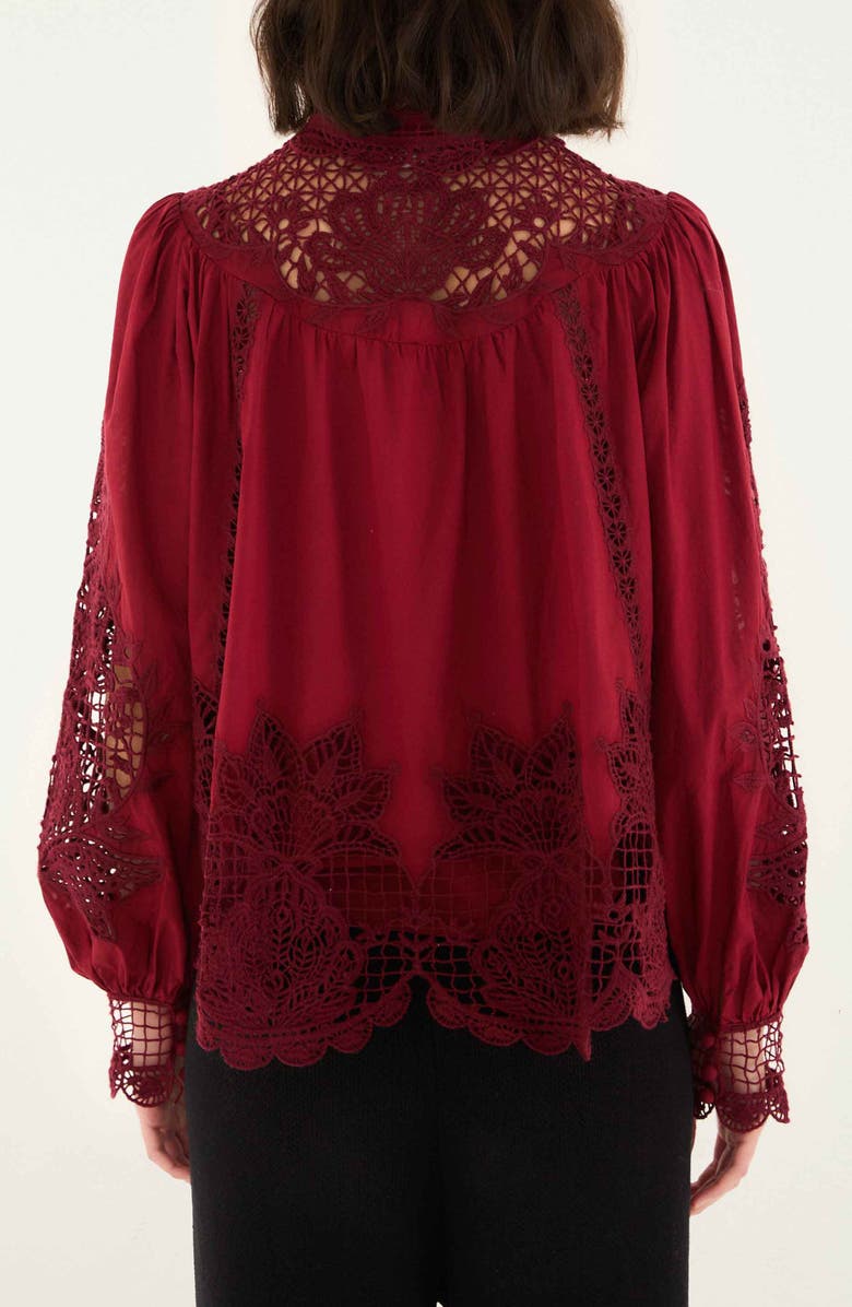 FARM Rio Guipure Lace Cotton Button-Up Shirt, Alternate, color, Burgundy