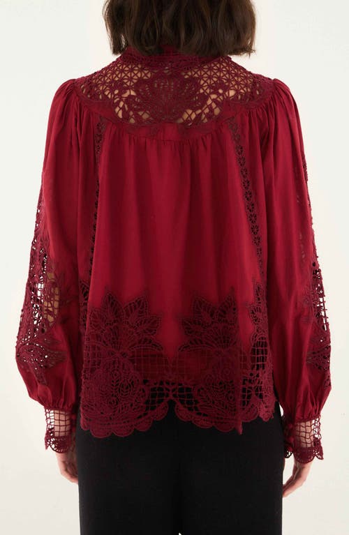 Farm Rio Guipure Lace Cotton Button-up Shirt In Red