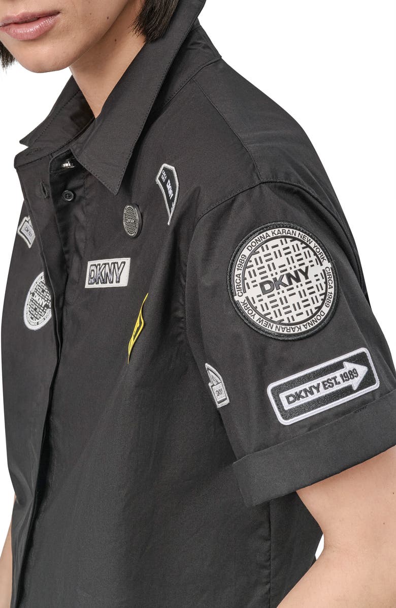 DKNY Pins & Patches Short Sleeve Button-Up Shirt, Alternate, color, 