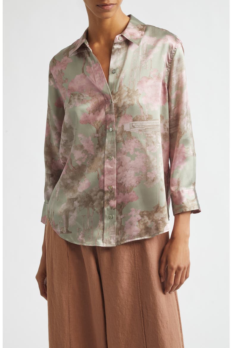 Dani Floral Three-Quarter Sleeve Silk Button-Up Shirt, Main, color, LIGHT STONE GREY MULTI GARDEN
