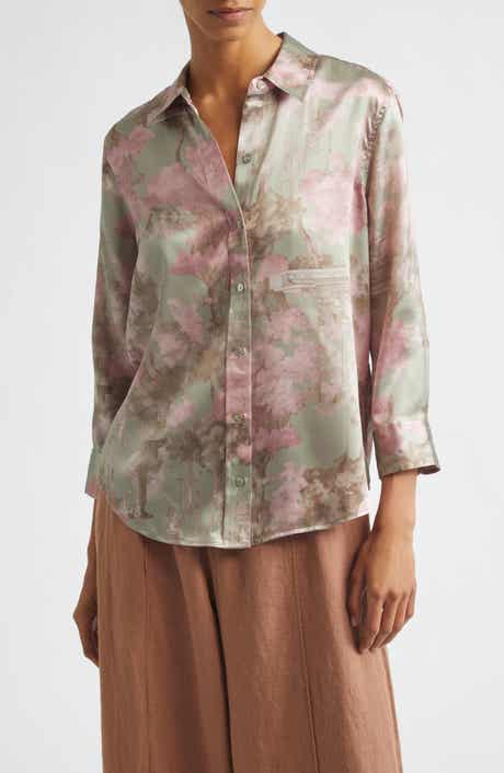 Dani Floral Three-Quarter Sleeve Silk Button-Up Shirt