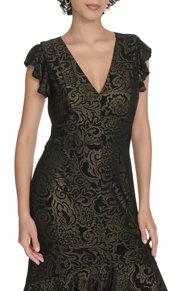 Tommy Hilfiger Floral Flutter Sleeve Empire Waist Midi Dress, Alternate, color, Black/ Gold