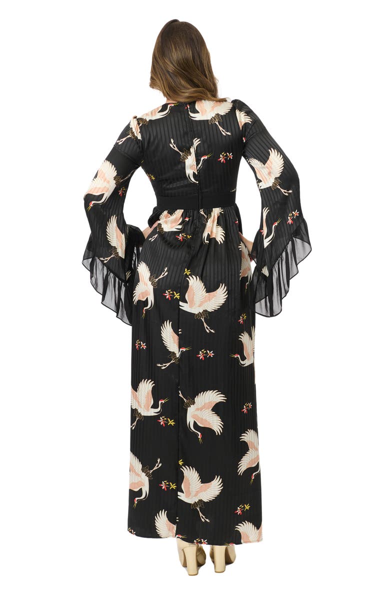 Unique Vintage Long Sleeve Empire Waist Maxi Dress, Alternate, color, Black Crane Print