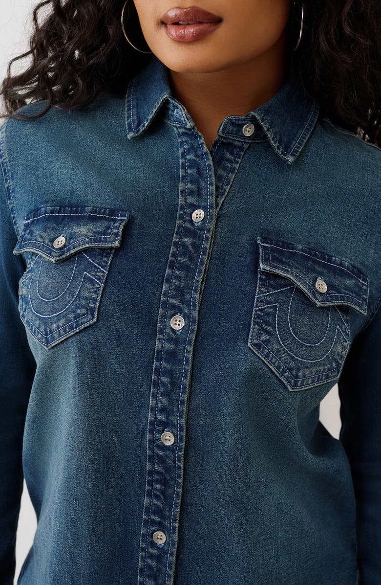 True Religion Georgia Glitter Denim Button-Up Shirt, Alternate, color, Medium Cozy Fireside Wash