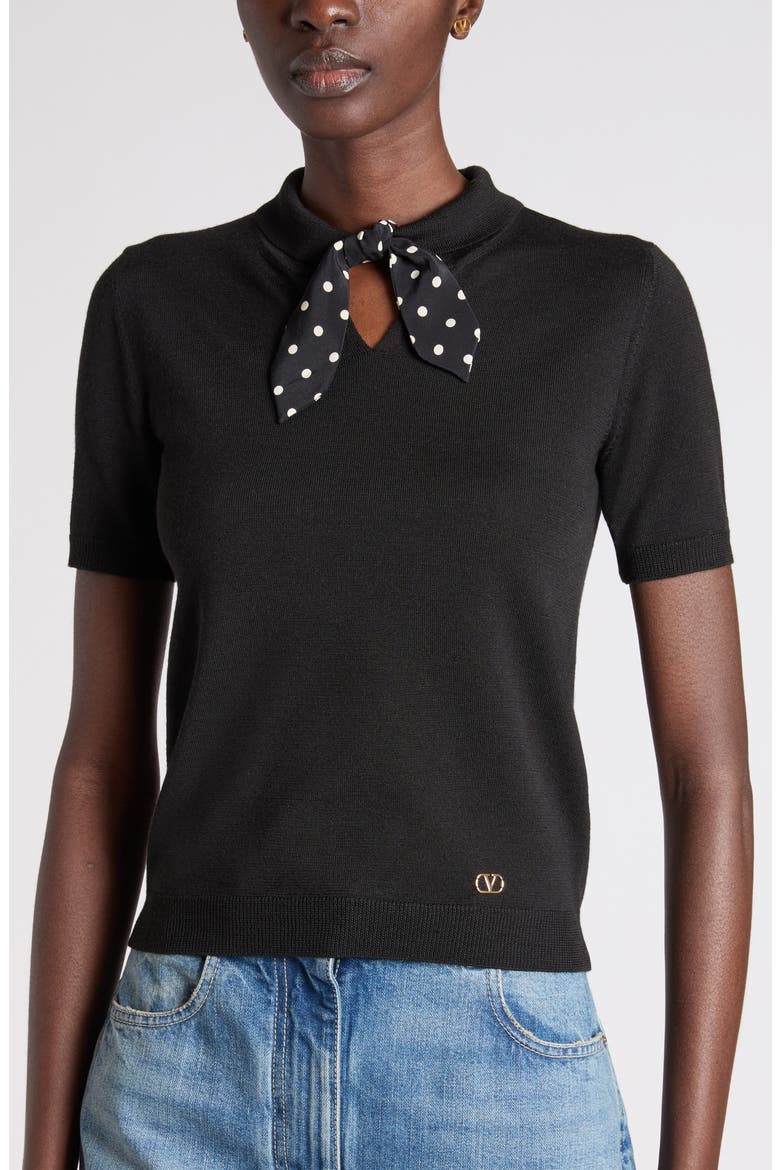Short Sleeve Wool Blend Sweater with Polka Dot Silk Pussybow, Alternate, color, BLACK