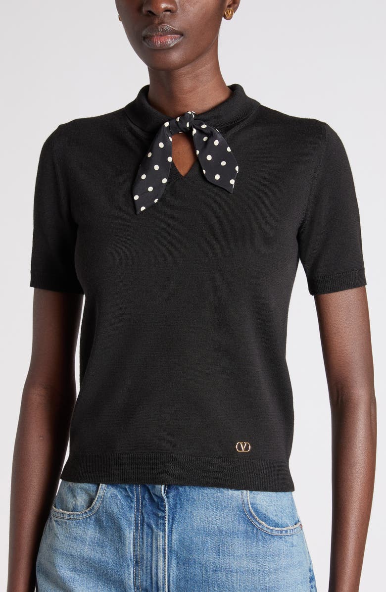 Valentino Garavani Short Sleeve Wool Blend Sweater with Polka Dot Silk Pussybow, Alternate, color, Black