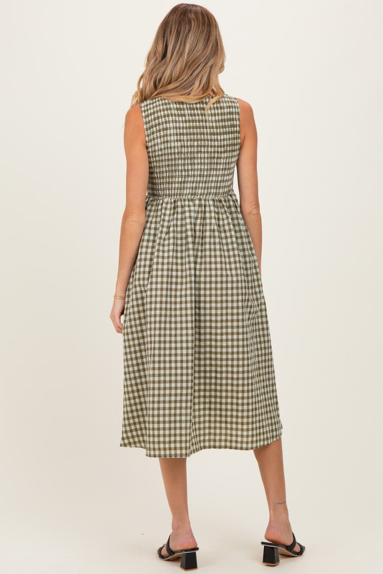 Gingham Smocked Sleeveless Midi Dress, Alternate, color, Olive Green