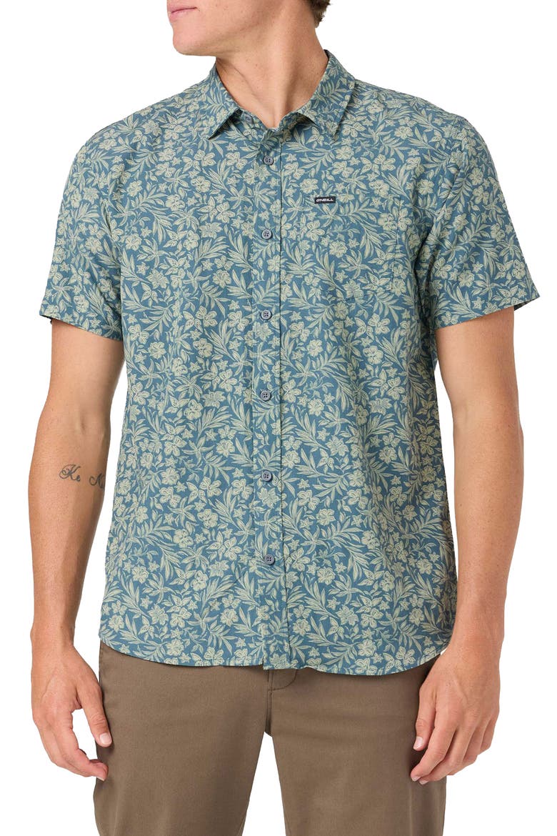 Oasis Floral Short Sleeve Button-Up Shirt, Main, color, DARK SLATE
