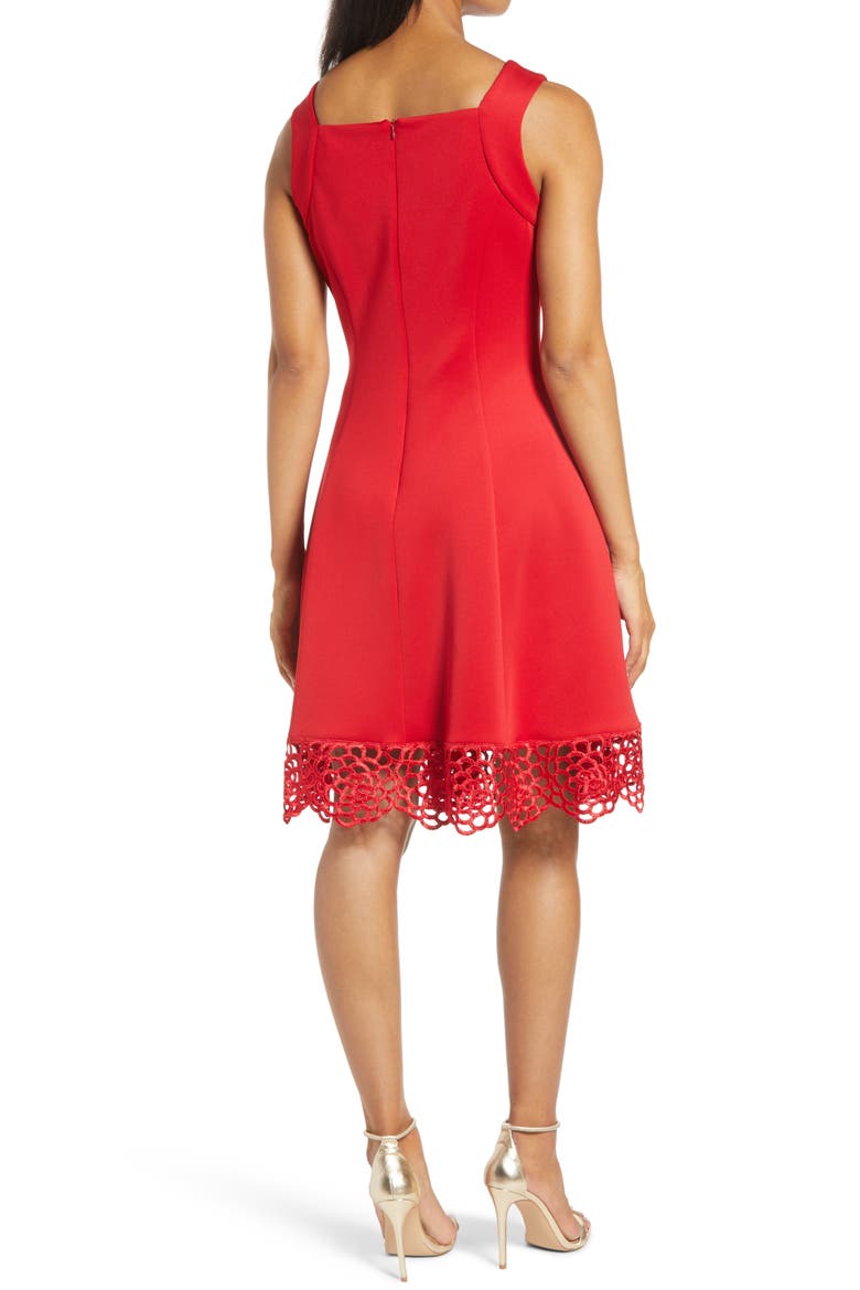 Lace Trim Sweetheart Neck Fit & Flare Dress, Alternate, color, RED