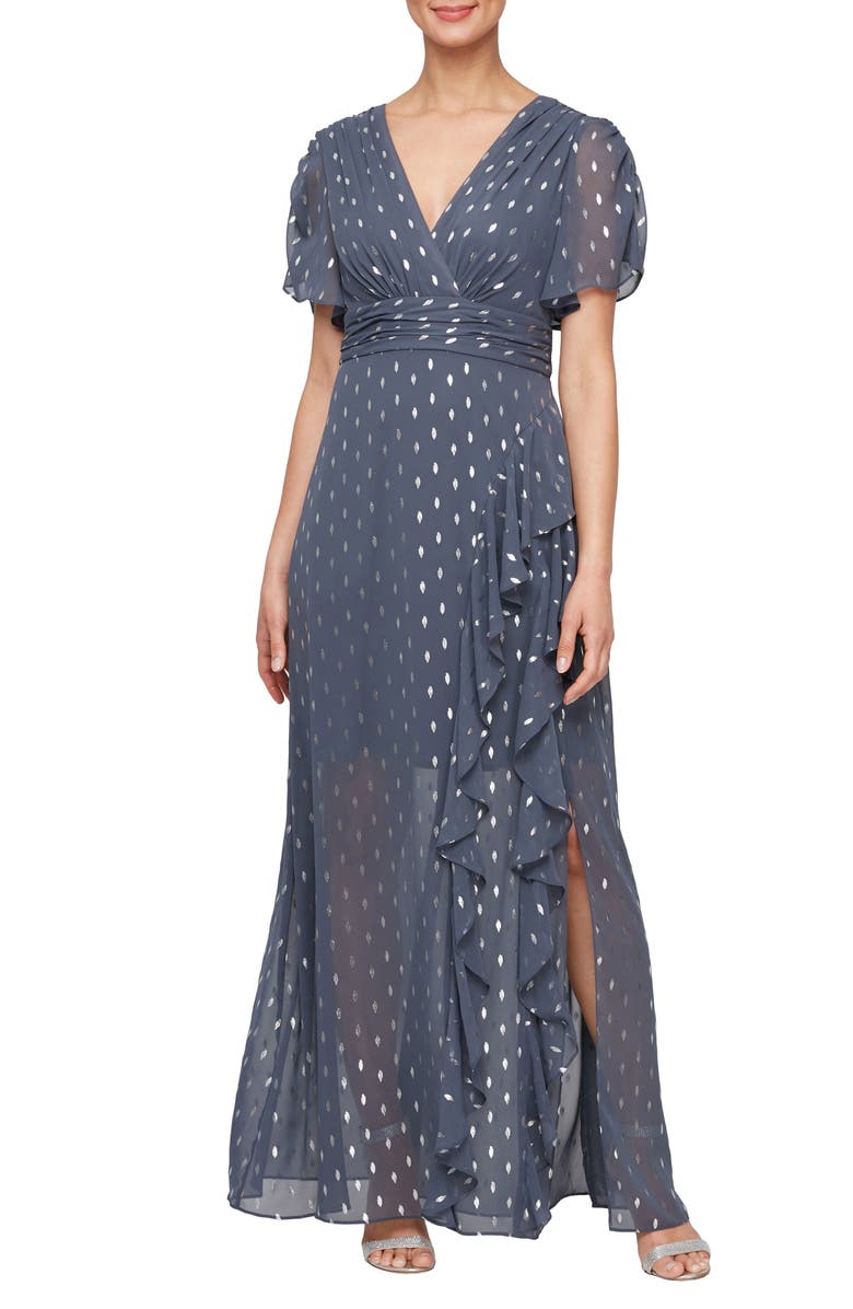 SL FASHIONS Foil Print Dress, Main, color, Steel