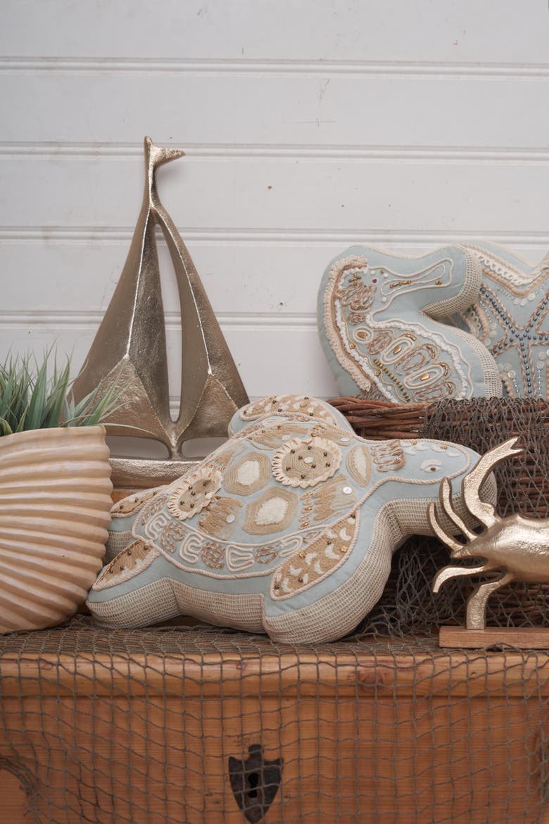 Beaded Sea Turtle Embellished Mini Accent Pillow 12" x 16", Alternate, color, Beige