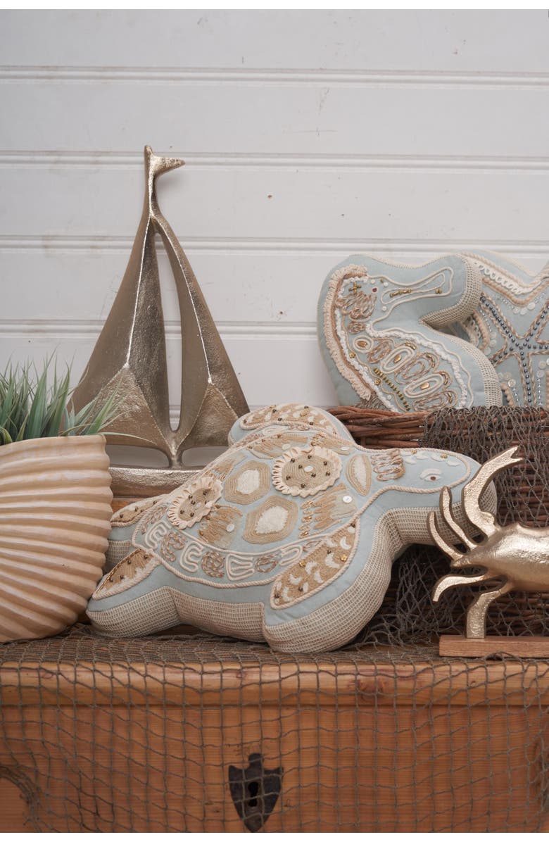 C&F Home Beaded Sea Turtle Coastal Embellished Accent Shaped Pillow, Alternate, color, Beige