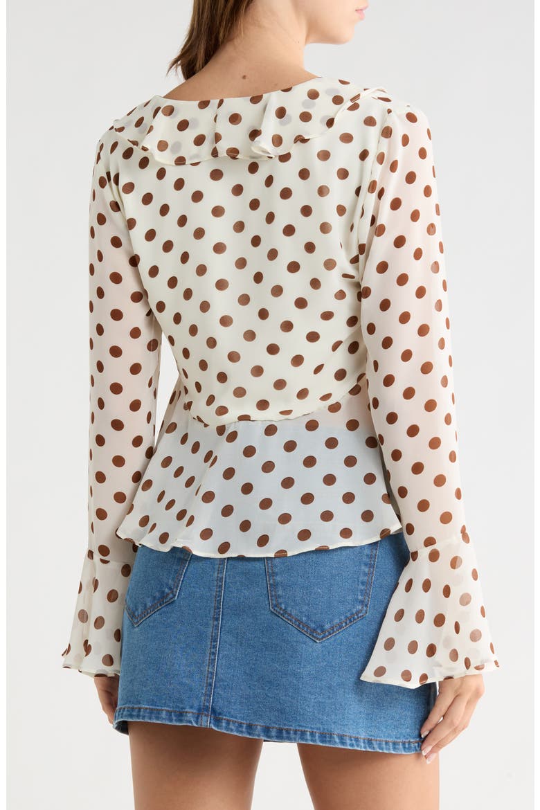 Polka Dot Ruffle Long Sleeve Top, Alternate, color, BROWN