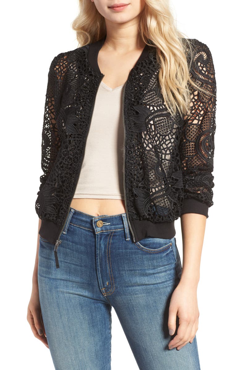 Ella Moss Pixie Sheer Lace Bomber Jacket, Main, color, 