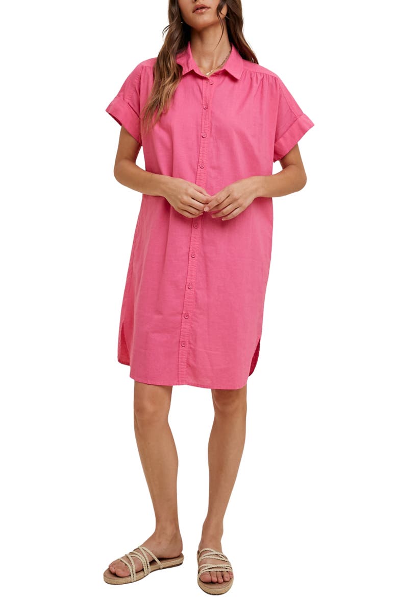 Linen & Cotton Blend Mini Shirtdress, Main, color, FUCHSIA