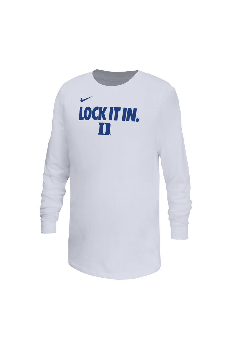 Youth Nike White Duke Blue Devils On-Court Bench Legend Dri-FIT Long Sleeve T-Shirt, Main, color, White