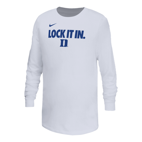 Youth Nike White Duke Blue Devils On-Court Bench Legend Dri-FIT Long Sleeve T-Shirt
