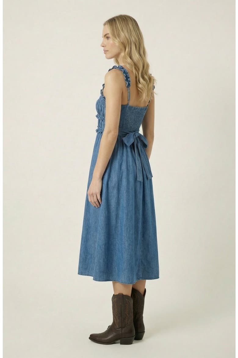 Smocked Bodice Midi Dress with Ruffled Straps, Alternate, color, Medium Wash Blue