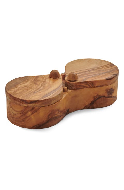 France Olive Wood Double Salt Keeper and Spice Box