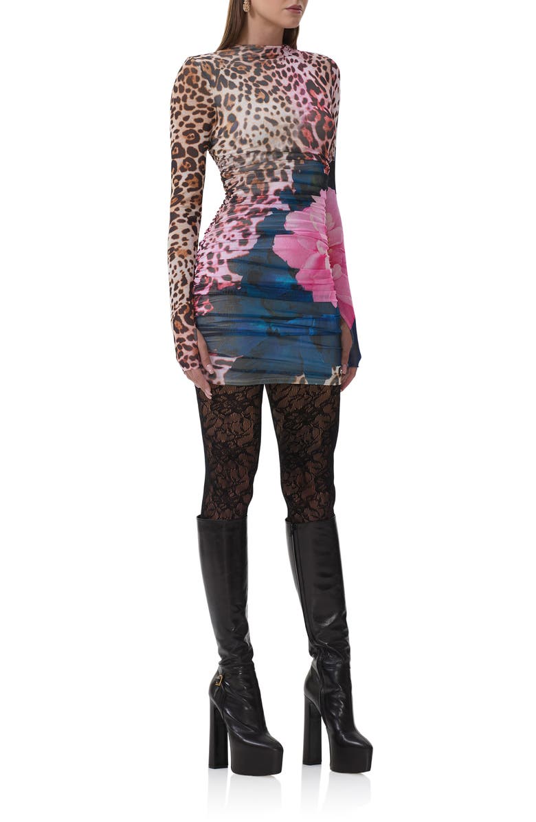 AFRM Darcie Print Long Sleeve Mesh Minidress, Main, color, Animal Block Peony