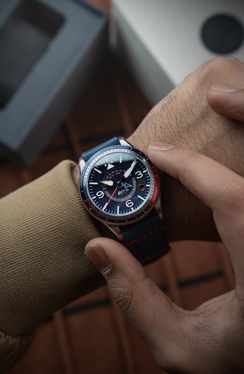 AVI-8 Flyboy Airmaster GMT Leather Strap Watch, 40mm, Alternate, color, Blue