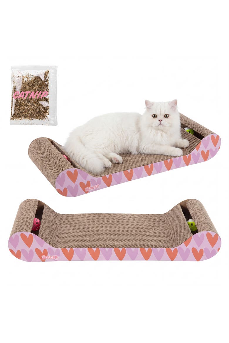 Rini Modern Cardboard Lounge Bed Cat Scratcher with Built-In Bell Toys and Catnip, Main, color, Pink/Red
