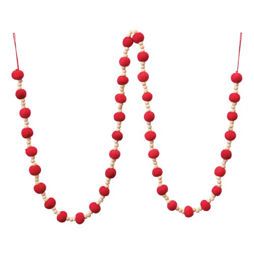 Storied Home Wool Felt Ball Garland With Wood Beads, Red In Red