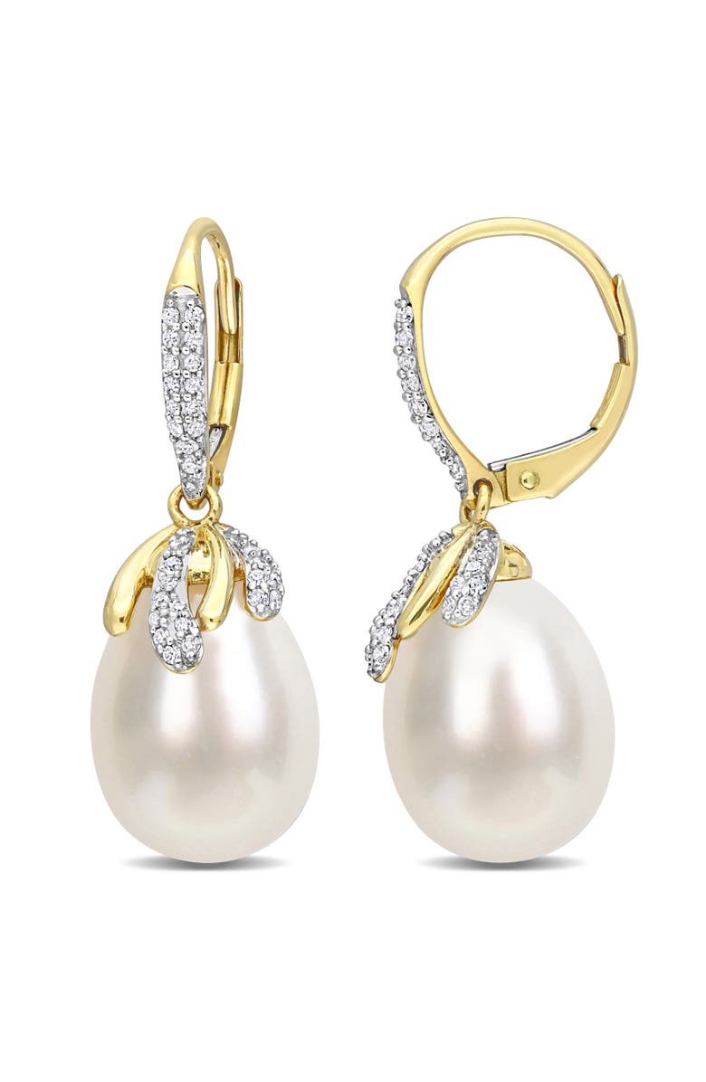 Julianna B. Pearl & Diamond Leverback Earrings 14k, Main, color, South Sea Pearl/Yellow Gold