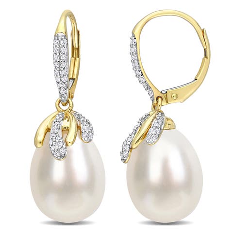 Pearl & Diamond Leverback Earrings 14k